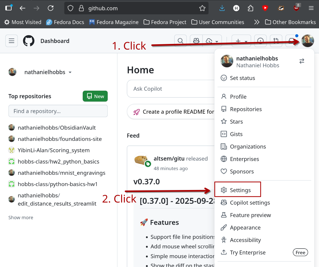 Open user menu and click Settings