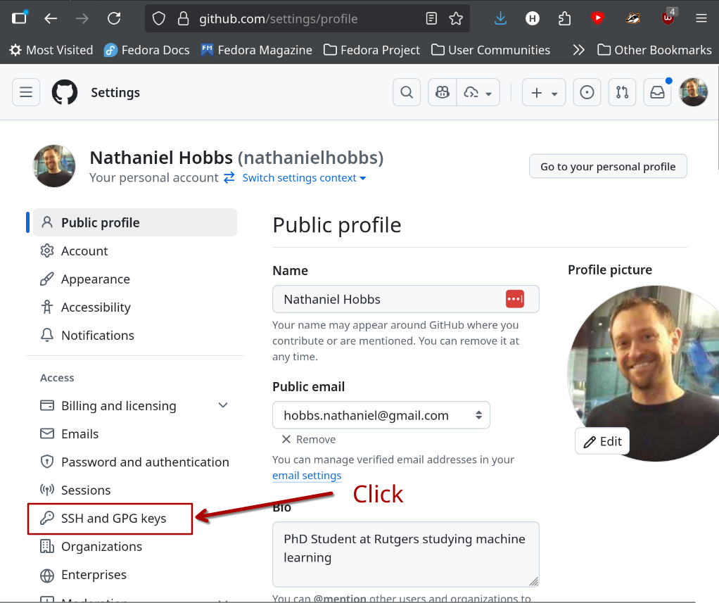 Settings page - SSH and GPG keys