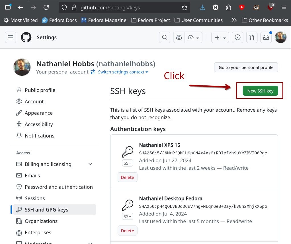 SSH keys list - New SSH key button